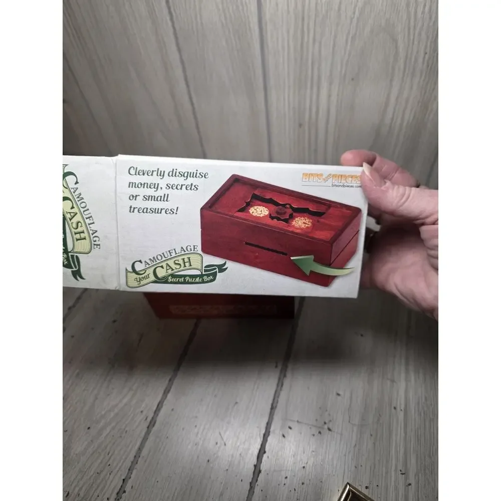 Bits and Pieces Wooden Puzzle Box Camouflage Your Cash Money Holder NIB